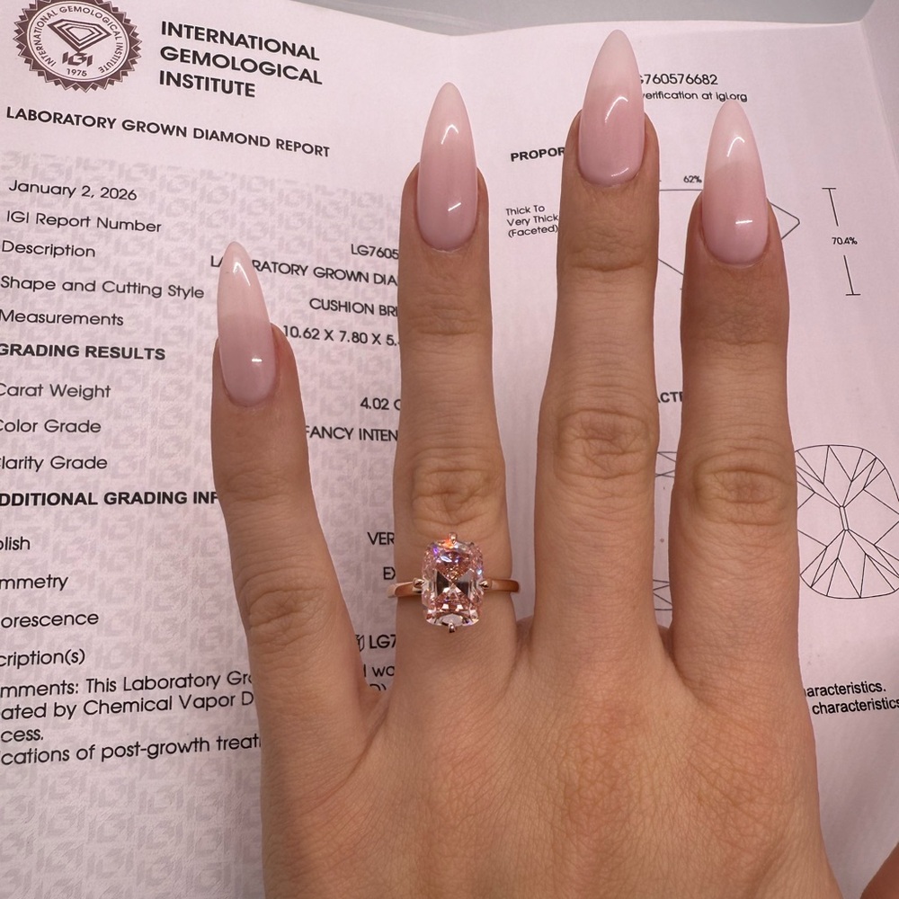 4.02 carat fancy pink antique cushion lab diamond compass prongs engagement ring - Picture 6 of 11